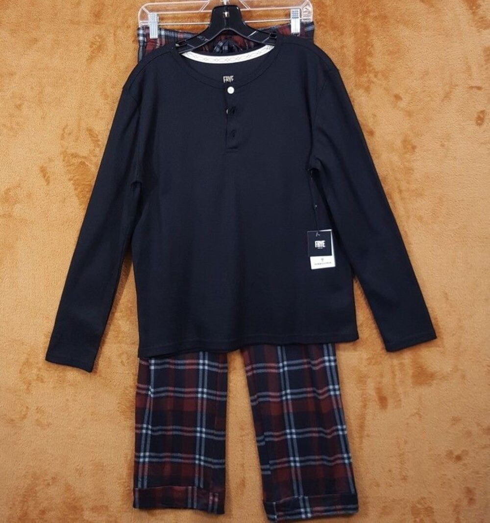 FRYE Sleepwear Mens Medium Red Black Plaid Waffle Henley Pajama Set Ultra Soft